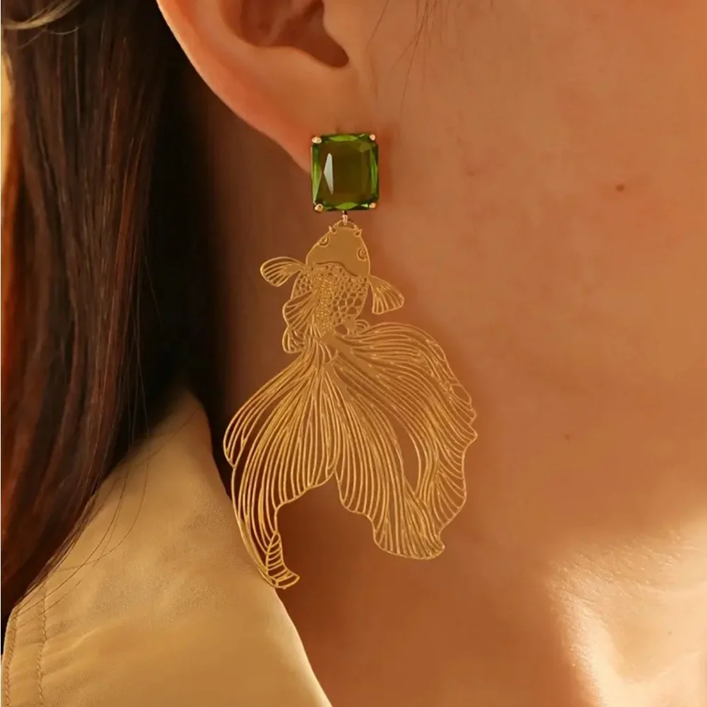 Green Rhinestone Gold Koi Fish Statement Dangle Earrings - Picture 2 of 3